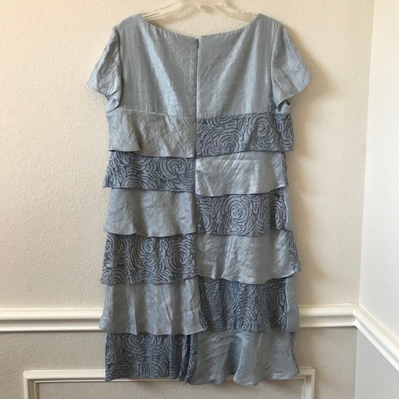 London Times Metallic Blue Lace Trim Ruffle Dress - Picture 2 of 15